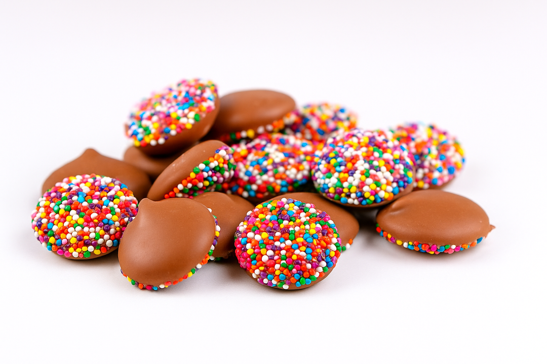 Chocolate candies with colorful sprinkles on a white background
